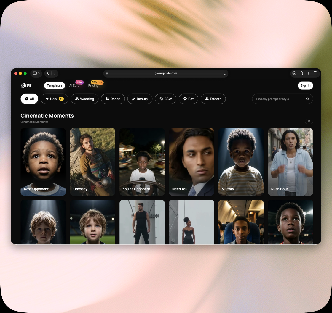 Glow web app AI photo and video generator interface